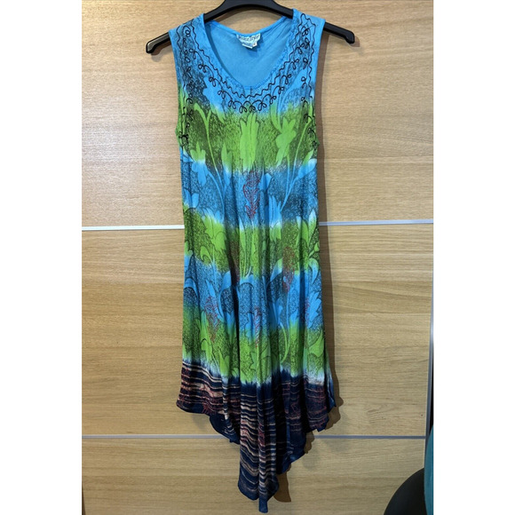 Jessica Taylor asymmetrical sleeveless Dress blue & Green Womens Sz 1X boho 90s - Picture 1 of 6